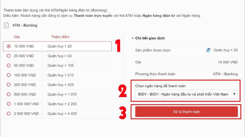 Cách nạp quân huy Liên Quân bằng tài khoản ngân hàng