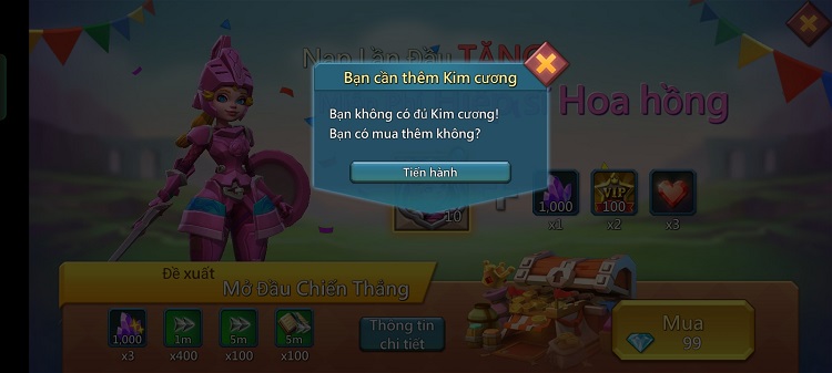 Chọn Tiến hành để tiếp tục mua kim cương