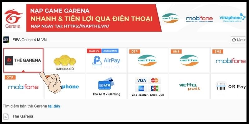 Chọn vào thẻ Garena để nạp tiền