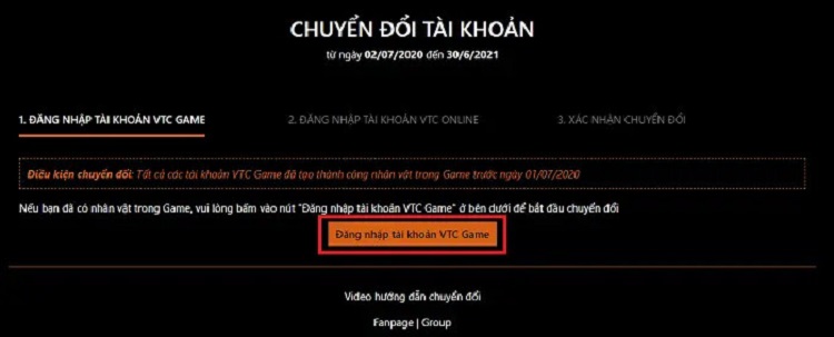 Đăng nhập tài khoản VTC Game để tiến hành chuyển tài khoản CF