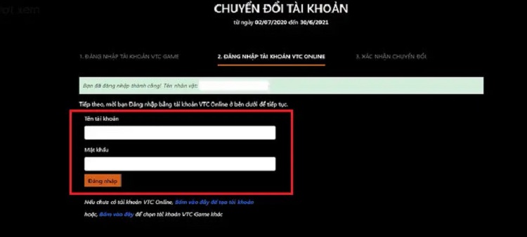 Đăng nhập tài khoản VTC Online chuyển đổi