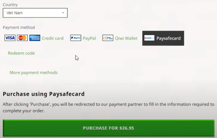 Nhấn Paysafecard rồi chọn Purchase for $26.95