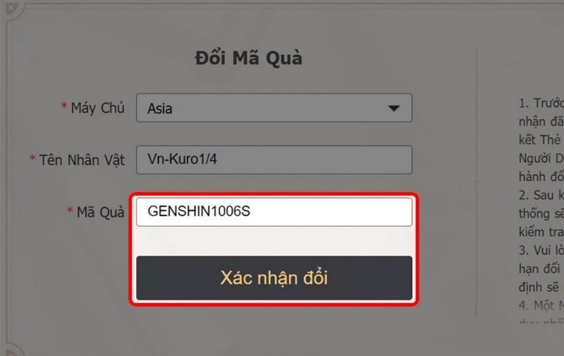 Điền mã code và xác nhận đổi quà 