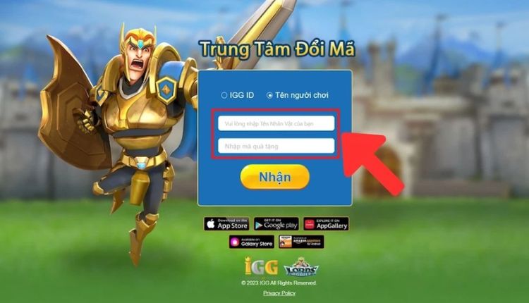 Nhập tên và mã code để hoàn tất quá trình nhập code Lords Mobile