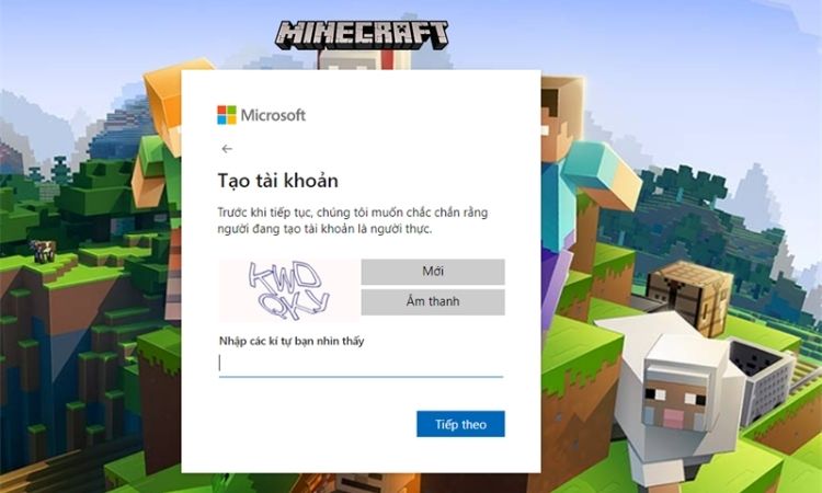 Nhập thông tin xác thực để kết thúc quá trình tạo tài khoản Minecraft