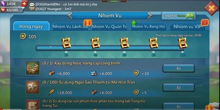 Nhiệm vụ hàng ngày được hệ thống tạo ra mỗi ngày