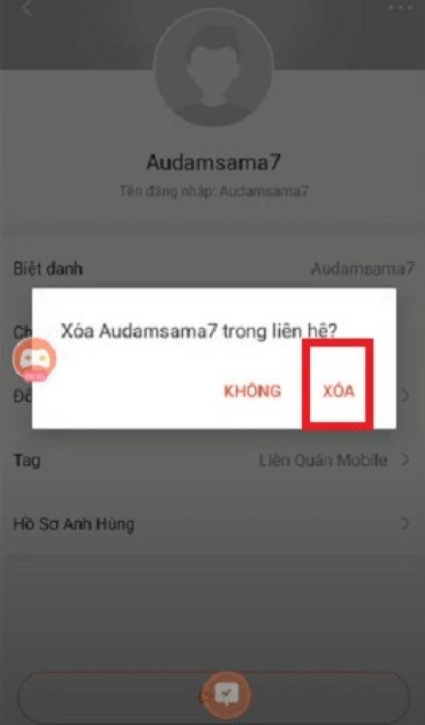 Tiếp tục chọn Xóa trong thông báo hiện lên để xác nhận xóa bạn hệ thống Liên Quân