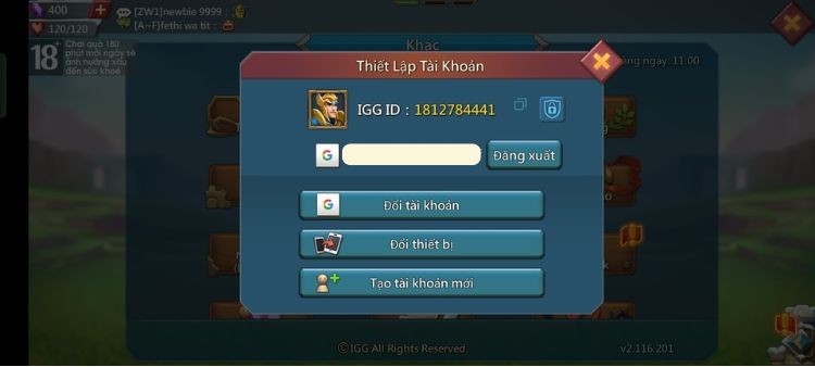 Thao tác đăng xuất game Lords Mobile